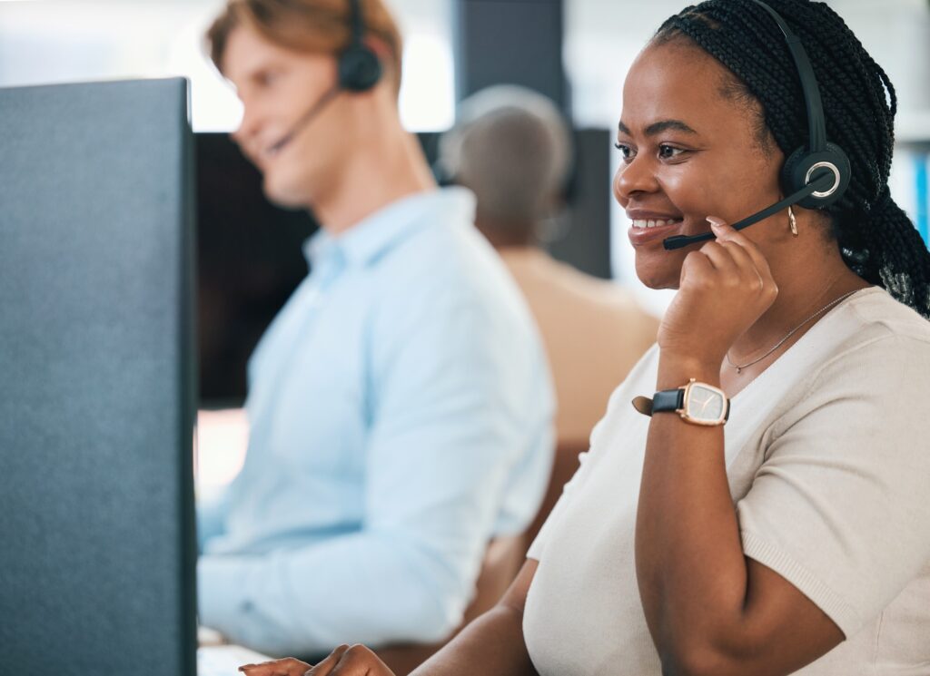 Call center, CRM and customer service woman working with headset, telemarketing and customer suppor